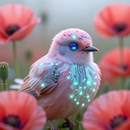 Digital art of a glowing, cybernetic bird with blue neon circuits, blue eye, and white feathers, surrounded by bright red poppies.