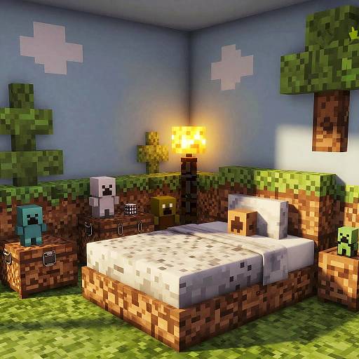 Pixelated Minecraft bedroom with a bed, two blocky nightstands, a lamp, a blue Creeper figure, and tree block decorations.
