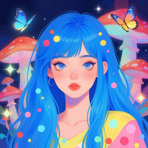 Digital illustration of a blue-haired girl with large eyes, surrounded by glowing mushrooms, butterflies, and colorful bokeh lights in a vibrant, fantasy forest.