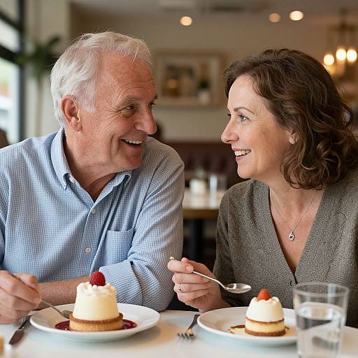 Photograph of smiling elderly couple with white and brown hair, light blue shirt, and gray sweater, enjoying dessert in cozy café.