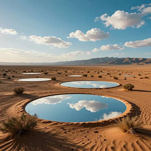 Photograph of a desert landscape with three circular mirage pools reflecting a cloud-dotted blue sky and distant mountains. Sandy terrain with sparse desert plants.