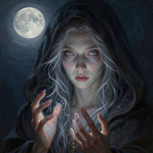 Digital fantasy artwork of a pale, white-haired woman with glowing eyes, wearing a dark hood, hands raised, illuminated by a bright full moon in a