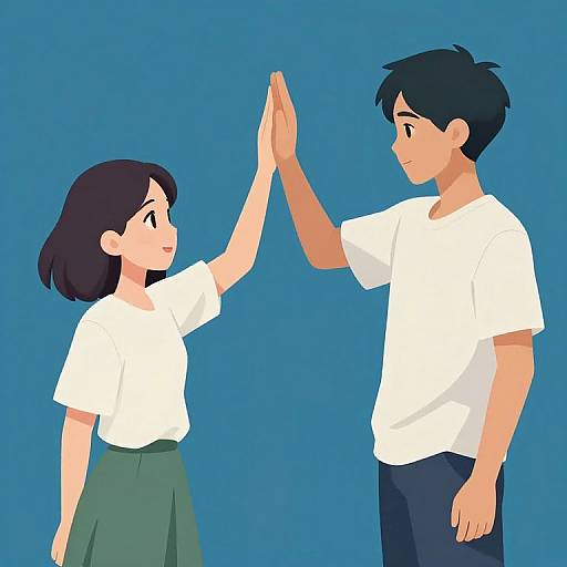 Digital illustration of a young girl with short black hair and a boy with black hair, both in white shirts and green/blue pants, high-fiving against