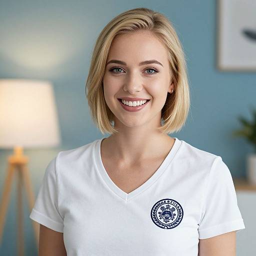 Photograph of a smiling blonde woman with shoulder-length hair, wearing a white V-neck T-shirt with a circular logo, in a bright, blue-w