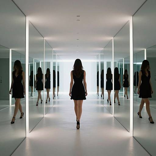 Photograph of a woman with long black hair, wearing a black dress and heels, walking through a minimalist, illuminated, mirrored hallway. Her reflections create