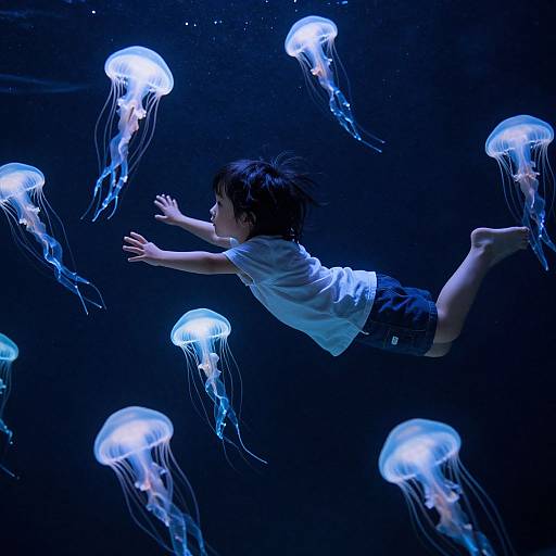 Photograph of a young boy with dark hair, wearing a white shirt and black shorts, swimming underwater among glowing blue jellyfish.