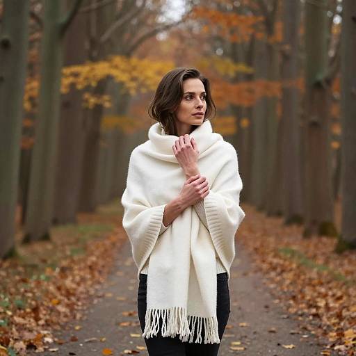 Woman in White Shawl on Autumn Forest Path