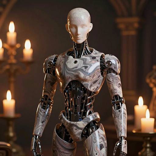 Photograph of a silver and black marbled humanoid robot with a smooth, bald head, standing in a dimly lit room with glowing candles in the