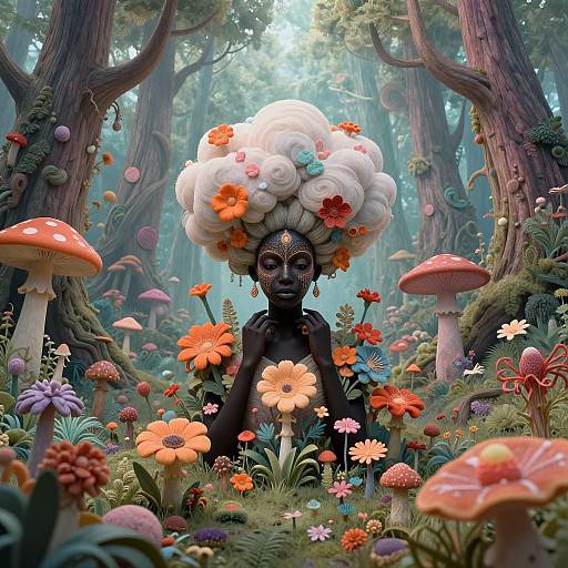 Digital artwork of a black-skinned, flower-adorned, headdress-wearing figure in a vibrant, enchanted forest with colorful mushrooms and flowers.