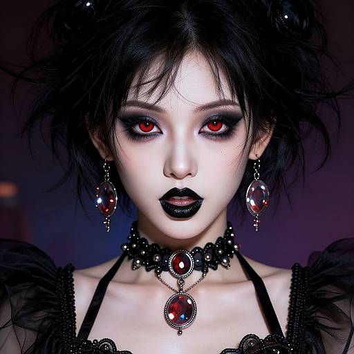 Digital portrait of a pale-skinned woman with black hair, red eyes, dark makeup, black lipstick, and red gemstone jewelry, set against a