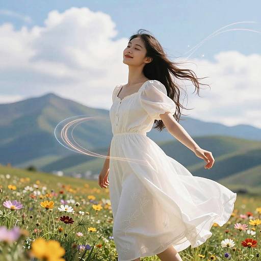 Woman in White Dress in Flower Field