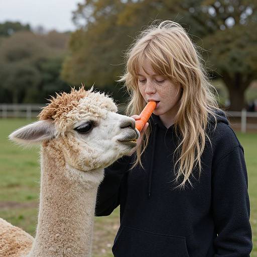Photograph of a blonde girl in a black hoodie feeding an orange carrot to a fluffy, white alpaca with brown patches, in a grassy