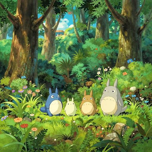 Digital illustration of five Totoro-like creatures, colorful and glowing, sitting in a lush, sunlit forest with vibrant flowers and tall trees.