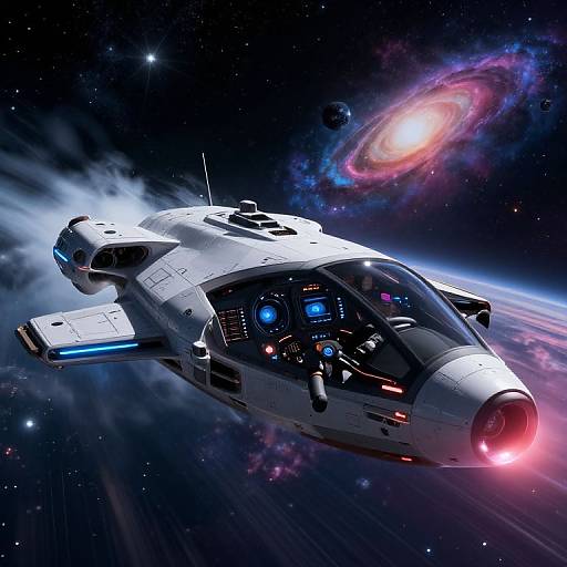 Digital illustration of a futuristic white spaceship with glowing blue and red lights, soaring through space with a colorful galaxy in the background.
