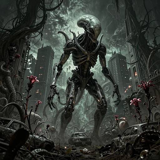 Digital artwork of a towering, biomechanical Xenomorph monster with a glossy, elongated head, standing in a dark, ruined cityscape under