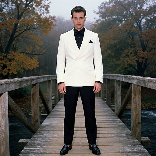 Photograph of a man in a white blazer, black shirt, black pants, and black shoes standing on a wooden bridge in a foggy,