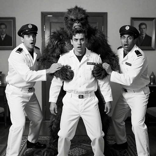 Black and White Photo of Men with Creature