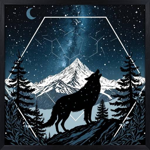 Mystical Nordic Wolf and Mountain Under Starry Sky