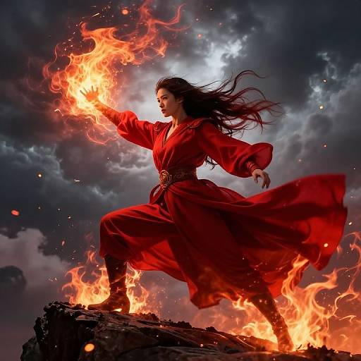 Magical woman in red robe conjuring fire, standing on rocky cliff under dramatic stormy sky, flames illuminating her figure. Digital art.
