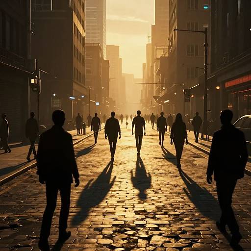 Silhouetted city street at sunset, golden sunlight casts long shadows, numerous pedestrians walk on cobblestone path between tall buildings. Photograph.
