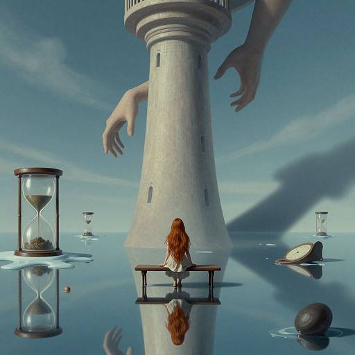 Digital art: Red-haired girl sits on bench, facing massive, shadowy, tower with hands; hourglasses, floating stones, and a broken