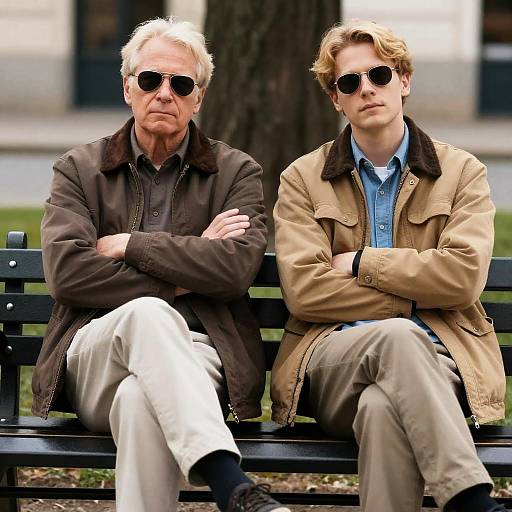Two Men on a Black Metal Bench