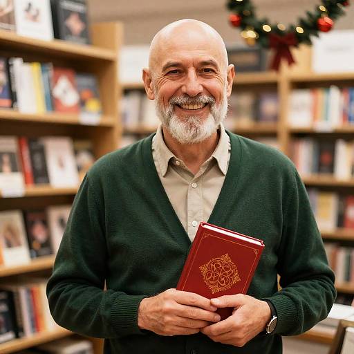 Cheerful Bookseller in Christmas Spirit