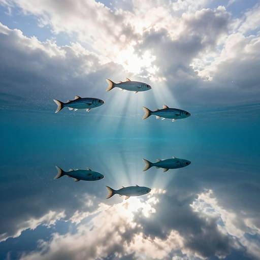 Photograph of four silhouetted blue fish swimming in a circular pattern underwater, with sunlight rays piercing through cloudy sky above.