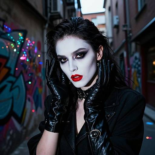 Photograph of a pale-skinned woman with white face paint, red lipstick, and black leather gloves in a graffiti-laden urban alleyway.