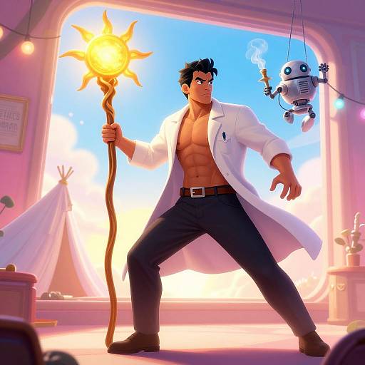 Digital artwork of a muscular man with black hair, white lab coat, holding a glowing sun staff, facing a floating robot in a brightly lit, pink