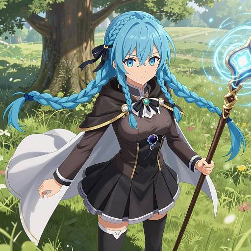 Anime-style digital drawing of a blue-haired girl with twin braids, black and white witch outfit, holding a glowing staff, in a sunny forest.