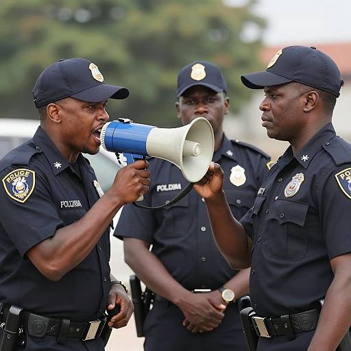 African Police Officers Using Megaphone Outdoors