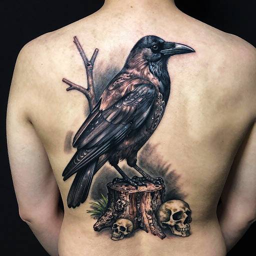 Tattoo of a detailed black raven perched on a stump with two skulls, on a person's bare back, against a black background.