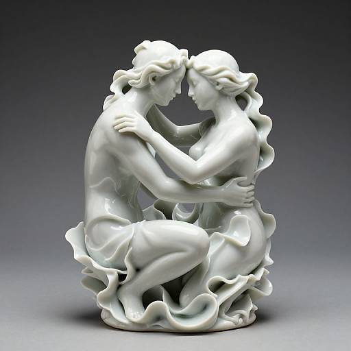 Photograph of a white, glossy marble sculpture depicting two nude, intertwined female figures in a tender, romantic embrace, set against a gradient gray background.