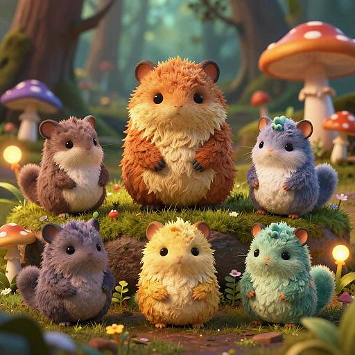 Whimsical digital artwork of fluffy, colorful hamster-like creatures sitting on mossy forest floor with glowing mushrooms and small flowers.