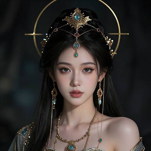 Digital portrait of a fair-skinned, dark-haired Asian woman with delicate features, wearing ornate gold jewelry with turquoise gemstones, and a golden halo