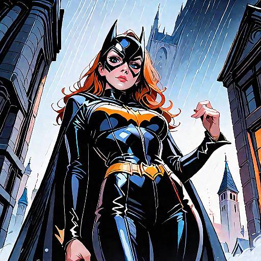 Digital comic-style drawing of a confident, red-haired woman in a black Batman-inspired suit, rain falling, standing between Gothic buildings.