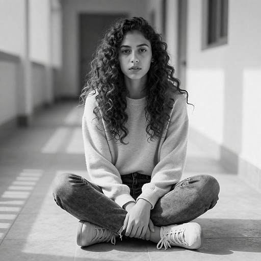 Sunlit Corridor: Young Woman In B&W