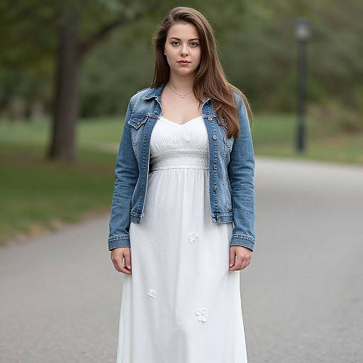 Photograph of a young woman with long brown hair, wearing a white dress and blue denim jacket, standing on a park path.