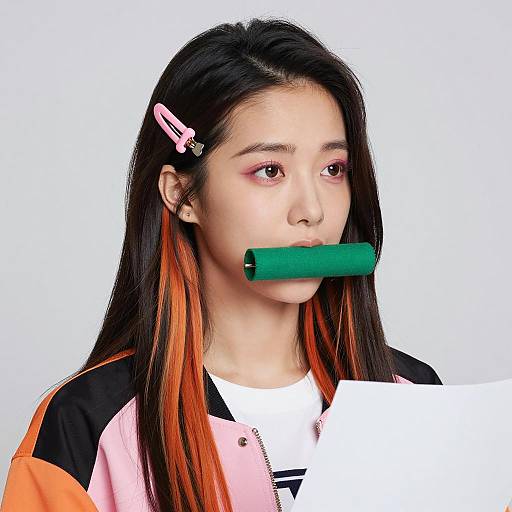 Stylish Asian Woman with Green Object