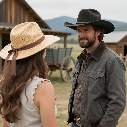 Smiling Cowboy and Woman in Western Scene