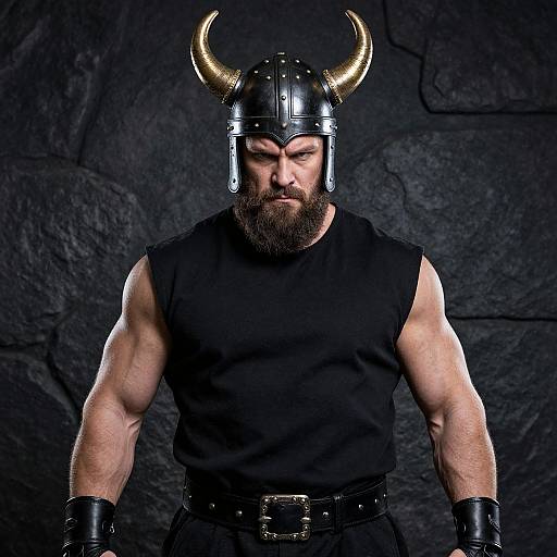 Photograph of a muscular, bearded man in black sleeveless shirt, leather helmet with gold horns, black gloves, and belt, against a dark