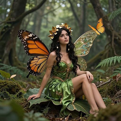 Digital fantasy artwork: fair-skinned fairy with black hair, green dress, orange butterfly wings, and gold crown, sitting in a lush forest with a
