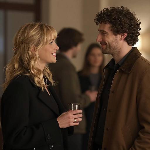 Photograph of a smiling blonde woman in a black coat holding a glass, facing a curly-haired man in a brown jacket indoors. Background shows blurred people