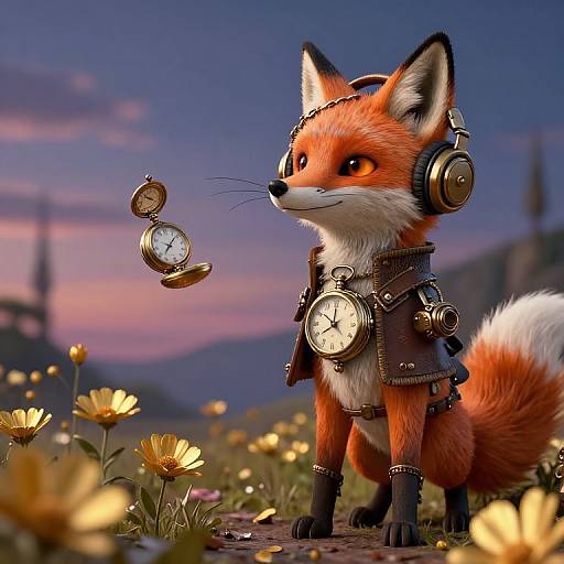 Digital artwork of a cute, orange fox wearing steampunk gear with clockhands, headphones, and standing in a sunset field of yellow flowers.
