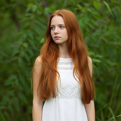 Photograph of a young woman with long, red hair wearing a white, lace sleeveless dress, standing against a blurred green leafy background.