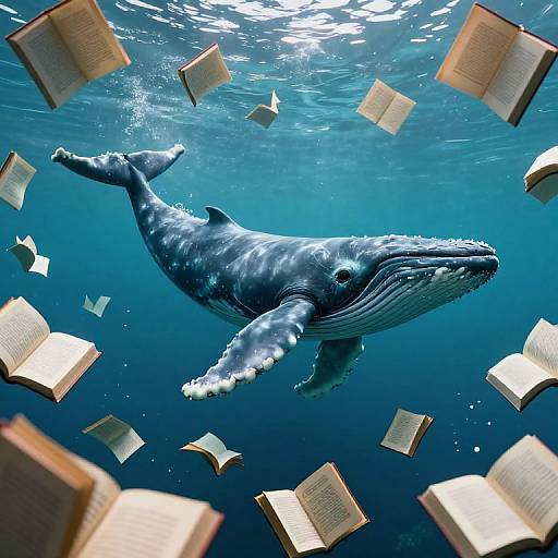 Photograph of a massive blue whale swimming underwater surrounded by floating open books, sunlight filtering through the water above.
