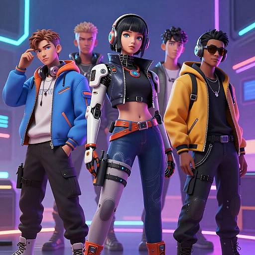 Digital art of five futuristic, stylish teenagers in neon-lit room, wearing jackets and headphones, with cyberpunk and urban fashion styles.