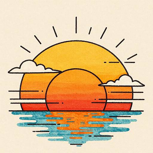 Digital illustration of a large orange sun with rays, partially obscured by white clouds, reflected in blue water. Simple, colorful, and minimalist style.