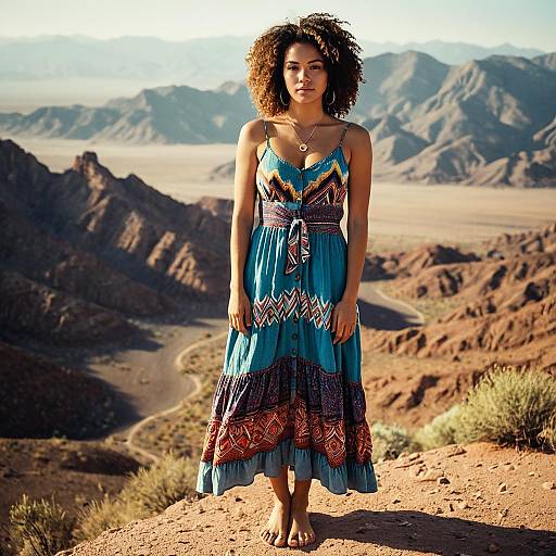 Woman in Bohemian Sundress Overlooking Desert Mountains